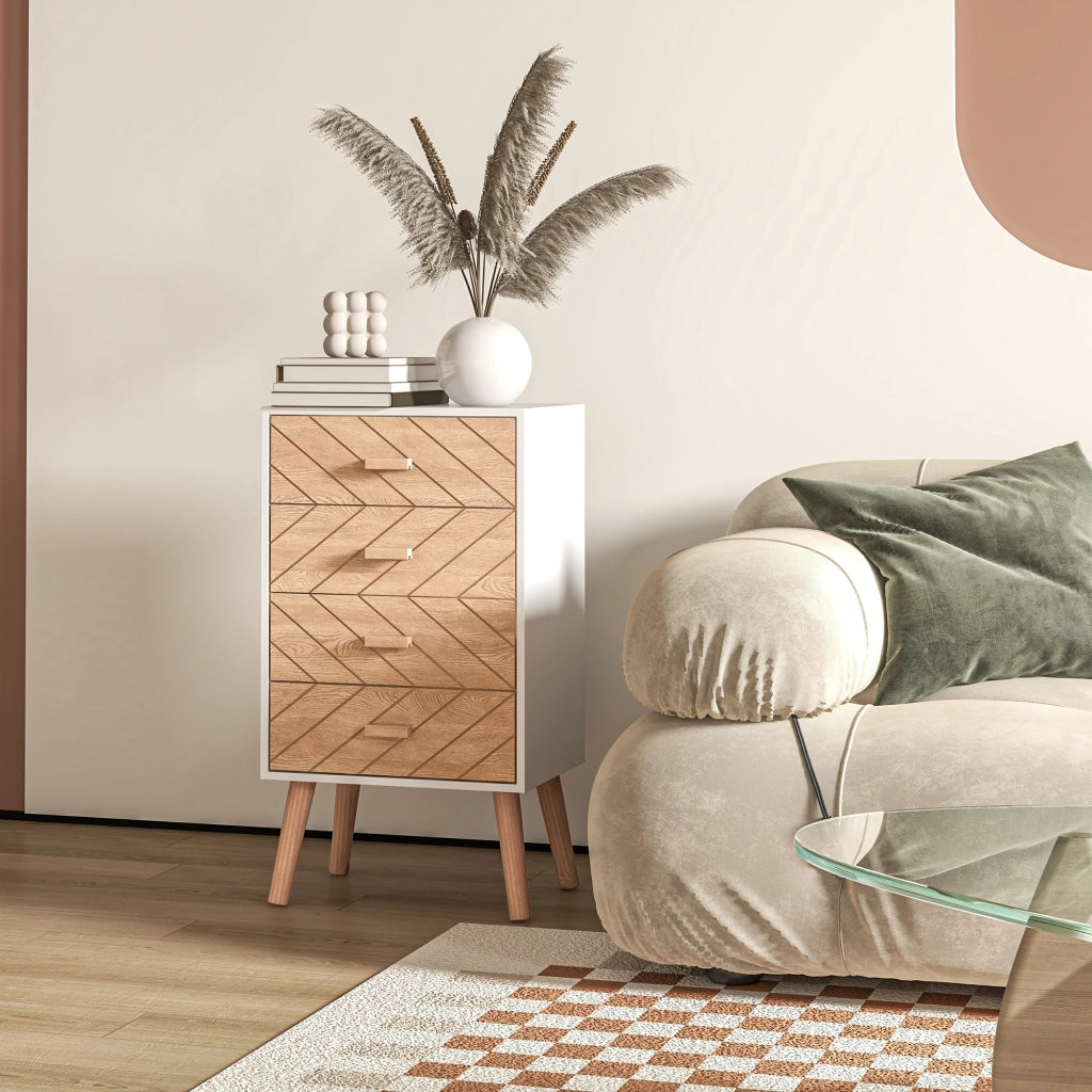 Comodino con 4 Cassetti ¨C Minimal ¨C Bianco e Naturale 40x30x75 cm