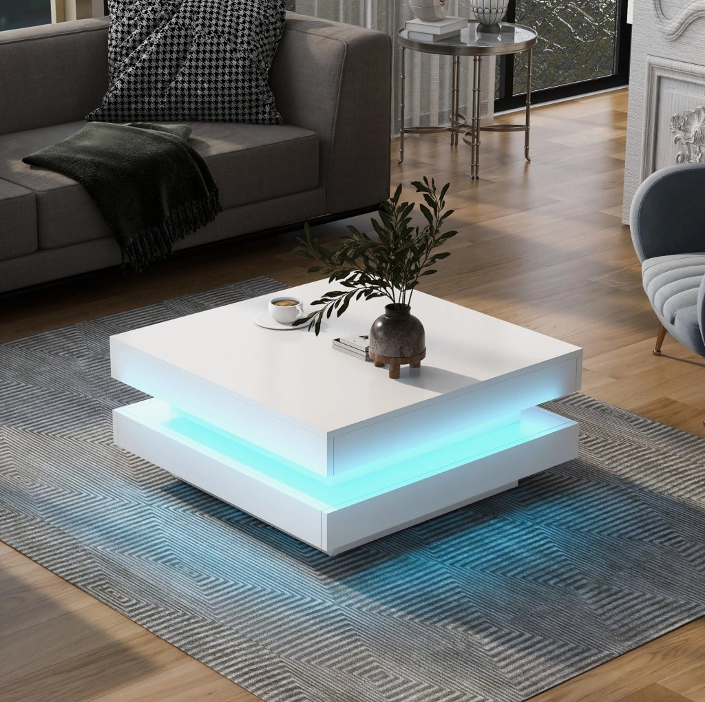 Tavolino da caffè quadrato con LED Bluetooth; 70 x 70 x 36 cm; truciolare bianco