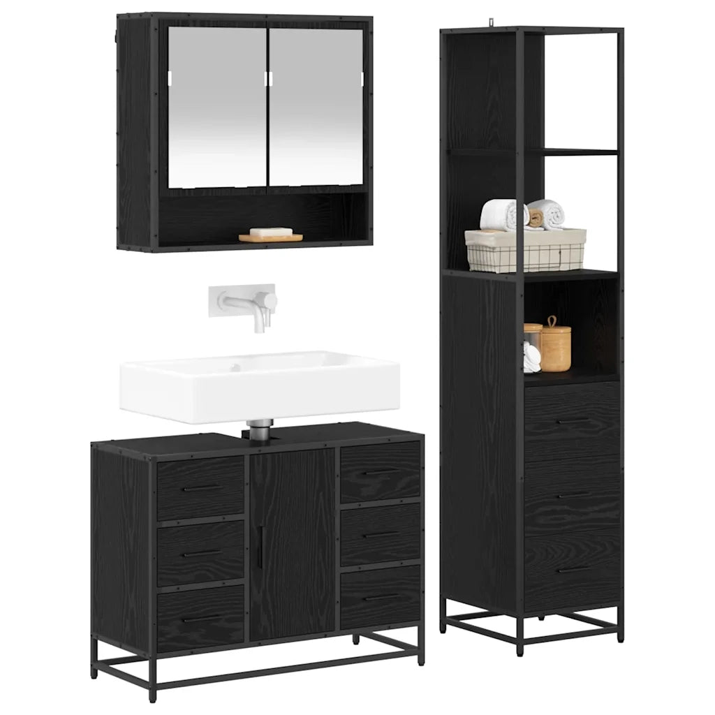 Set di mobili per il bagno 3 pcs Rovere Nero Legno multistrato