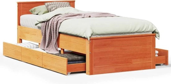 Fondo letto - senza materasso - con cassetta di testata - in legno di abete - marrone - 100x200cm
