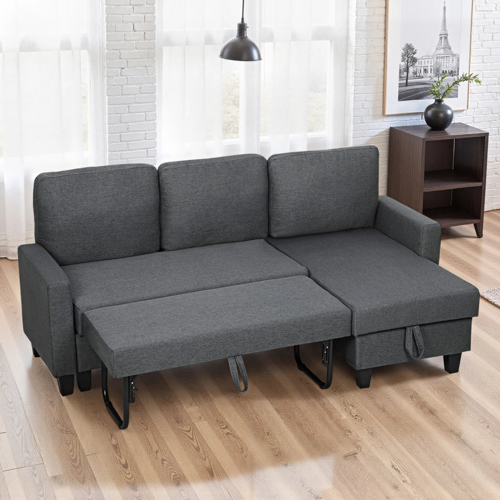 Divano Letto 3 Posti con Chaise e Contenitore ¨C Zephmum ¨C Tessuto Grigio 197x129x85 cm
