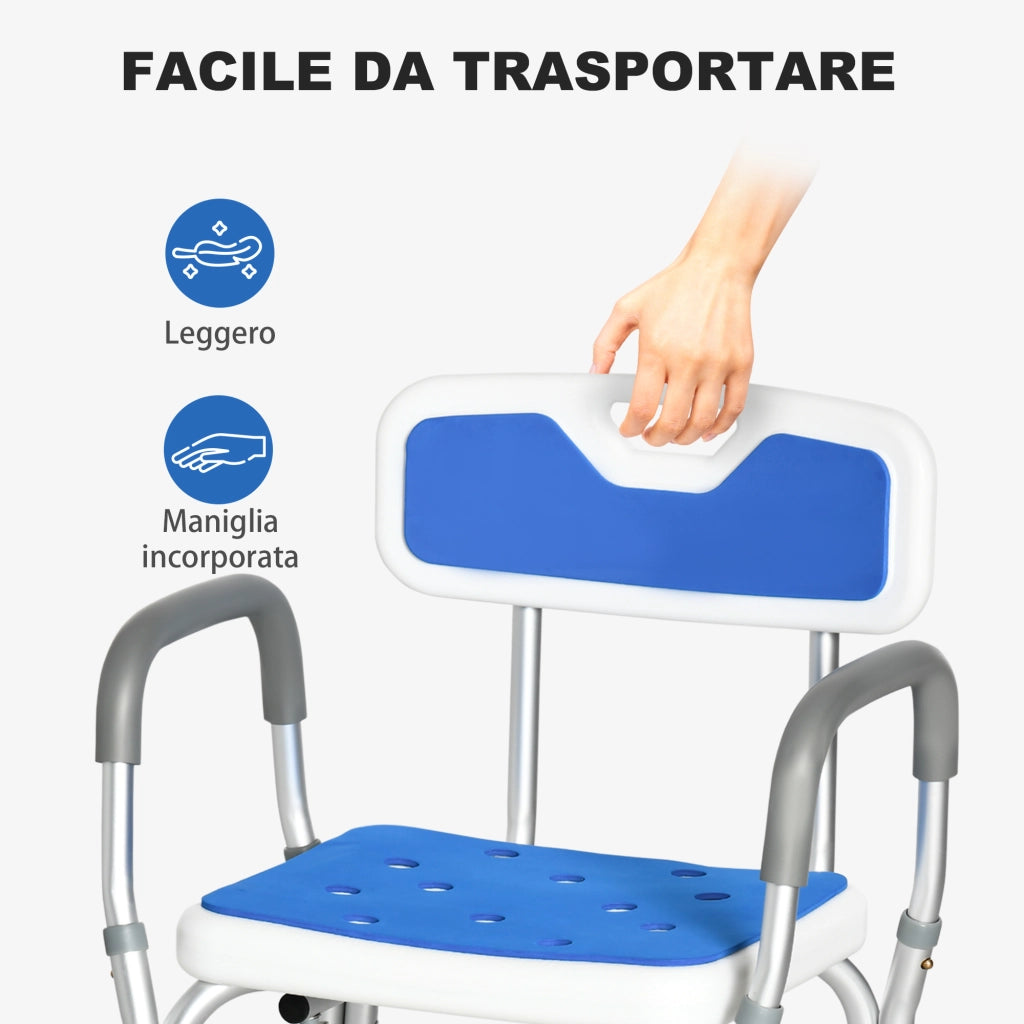 EasyComfort Sedia per Doccia con Imbottitura e Altezza Regolabile, Braccioli e Piedini a Ventosa