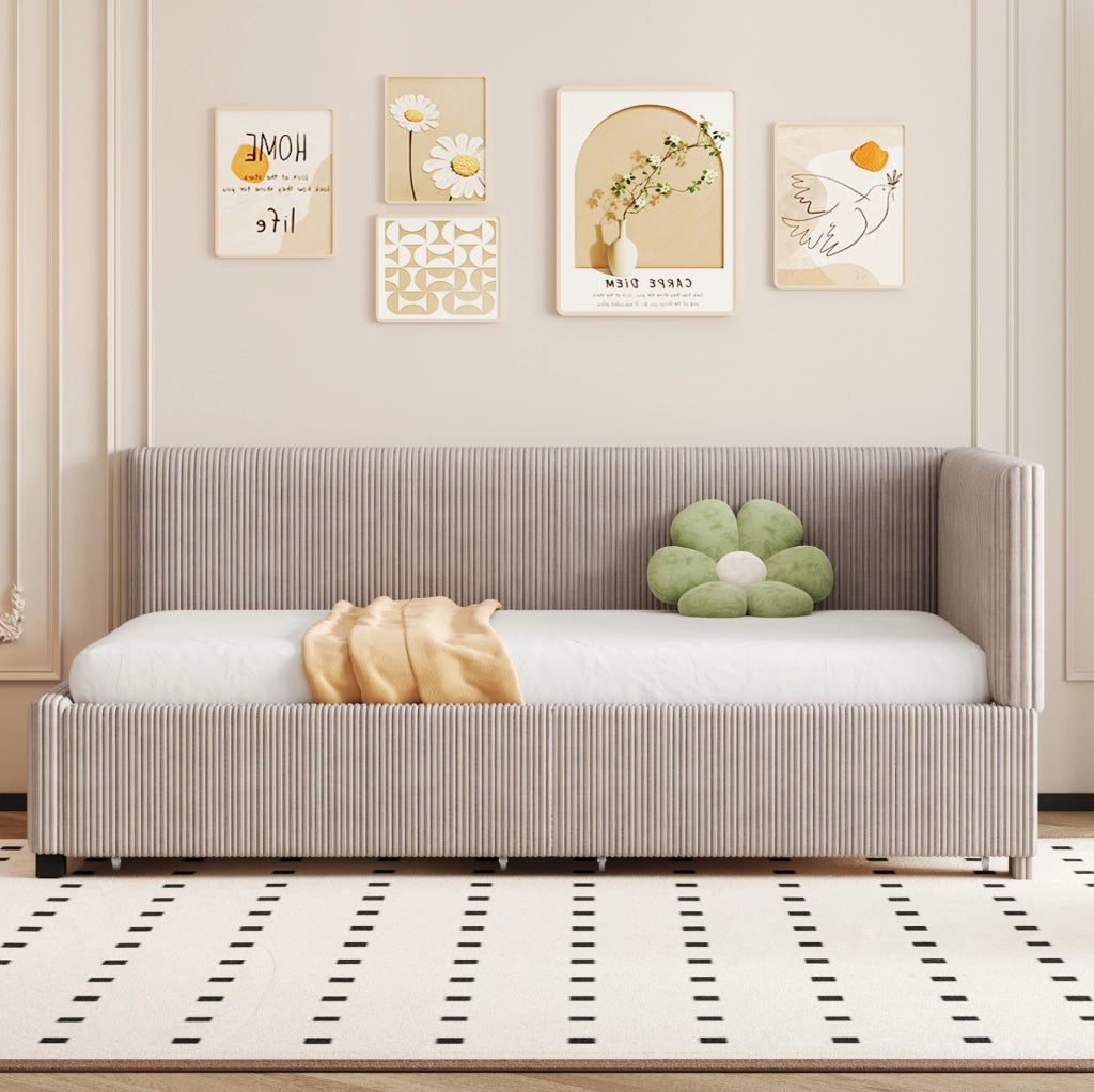 Divano letto a una piazza 90x200 cm in velluto grigio con 2 cassetti e rete a doghe