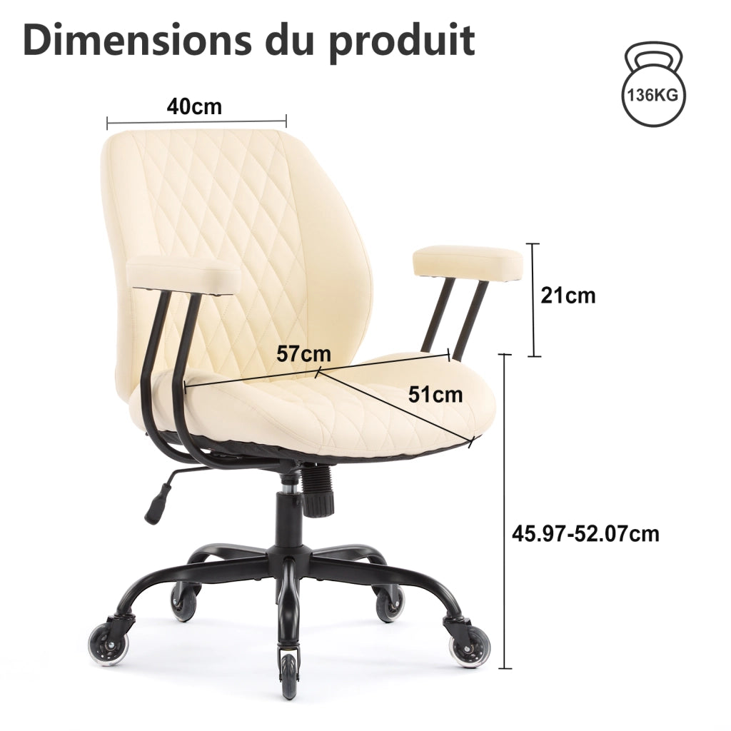 Sedia da ufficio ergonomica in pelle con altezza regolabile e schienale reclinabile, con braccioli removibili bianco