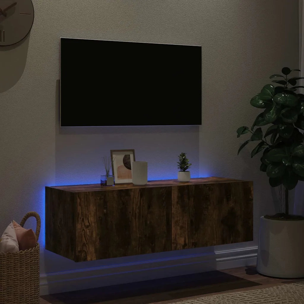 Mobile TV a Parete con Luci LED Rovere Fumo 100x35x31 cm 837299