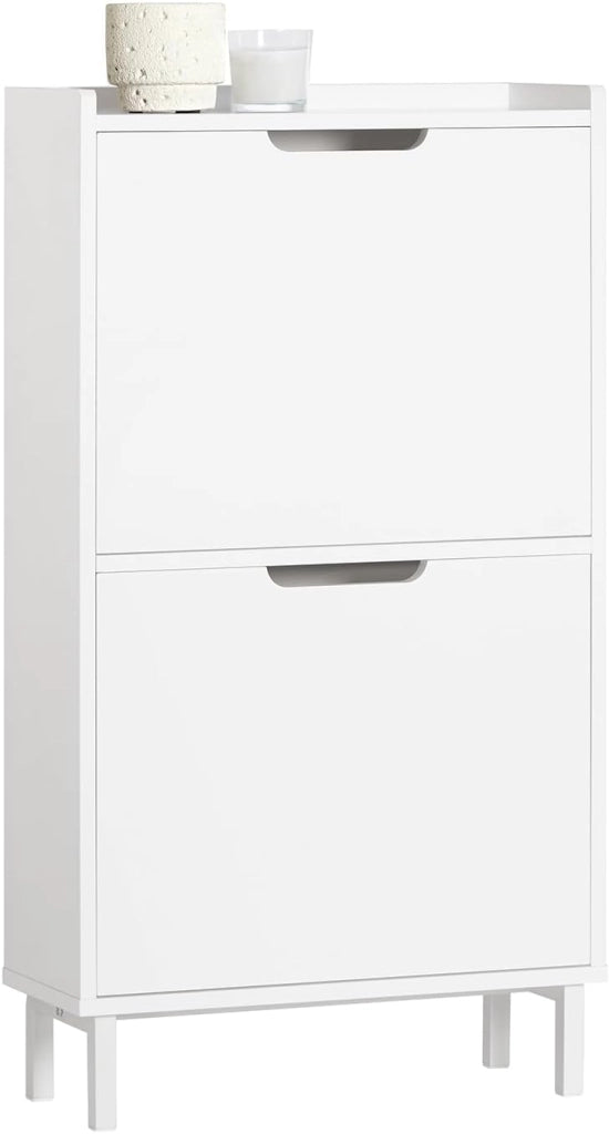 Scarpiera Salvaspazio Slim da Ingresso Mobile Portascarpe con 2 Ante a Ribalta Regolabili in Legno Armadio Scarpiera Alta e Stretta per Corridoio, 50x19x90 cm，Bianco, FSR151-W