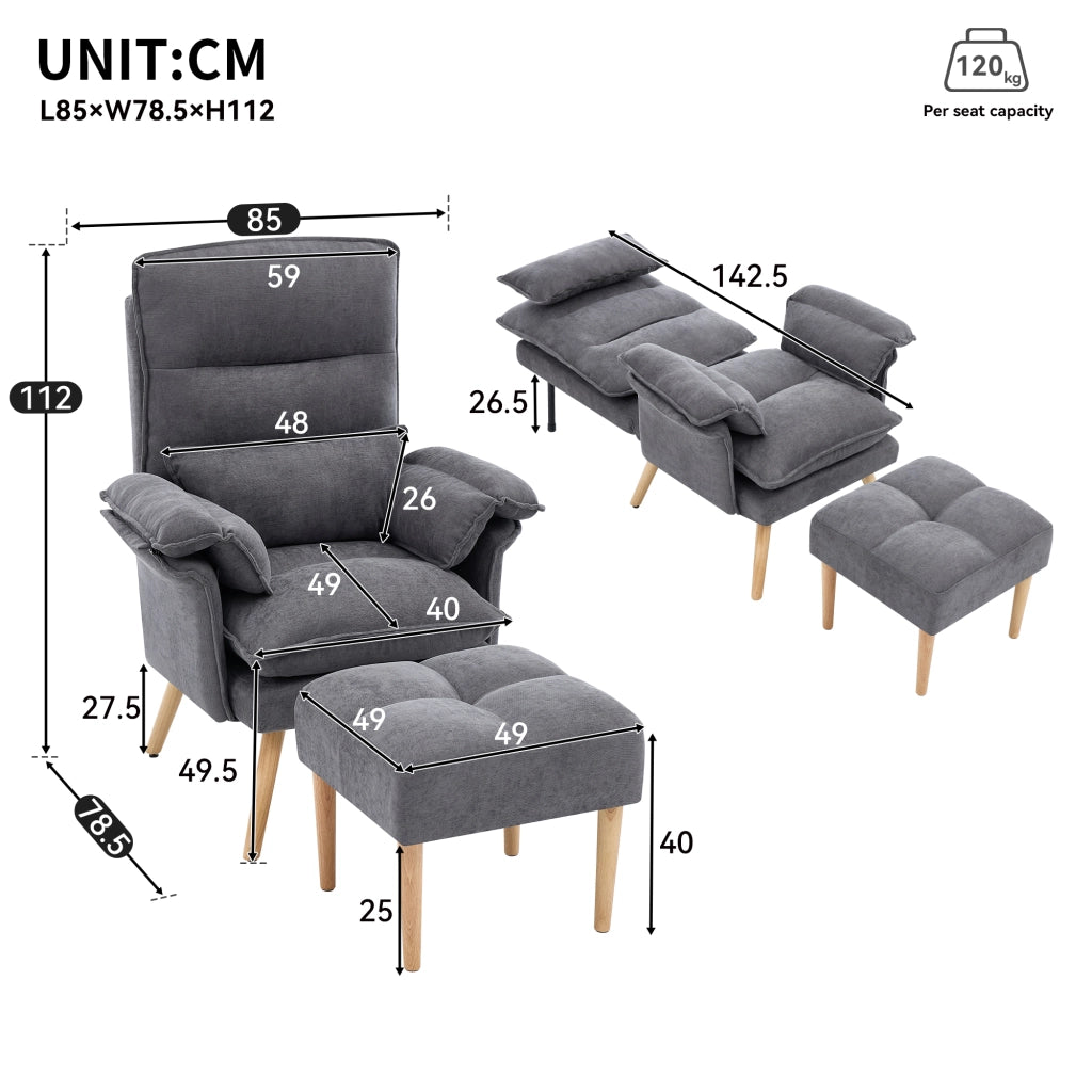 POLTRONA Relax con Hocker 85x78.5x112 cm Grigio in lino