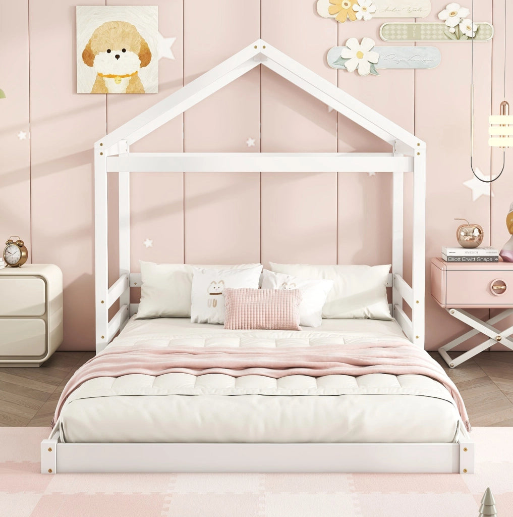 Letto a casetta 140x200 cm; con rete a doghe; legno e MDF; bianco (Senza materasso)