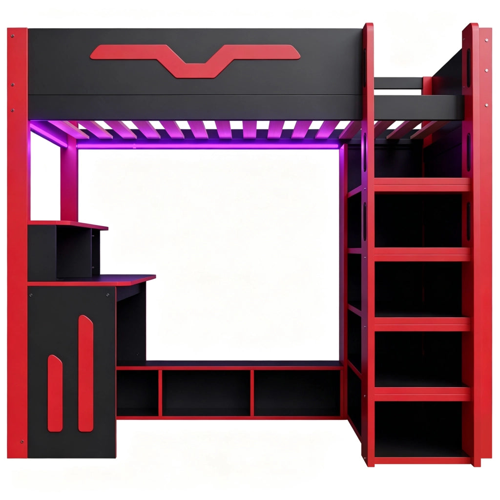 Letto a Soppalco Letto Singolo 90x200 cm con Scrivania; LED e Scaffale; Nero Rosso
