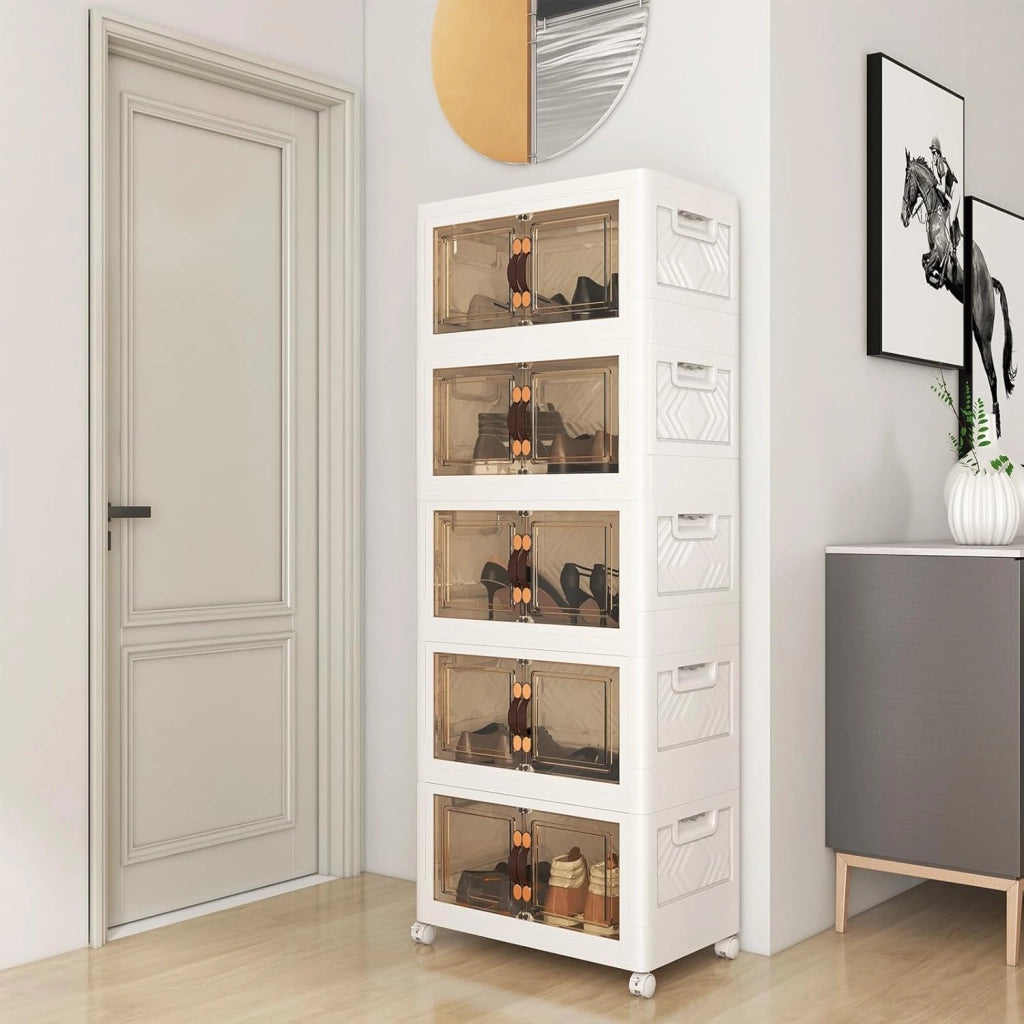 Scatole portaoggetti pieghevoli, cassettiera in plastica con 4 ruote, scatole impilabili con porte, ogni piano supporta 5 kg, organizzatore per soggiorno, camera da letto, sala da pranzo
