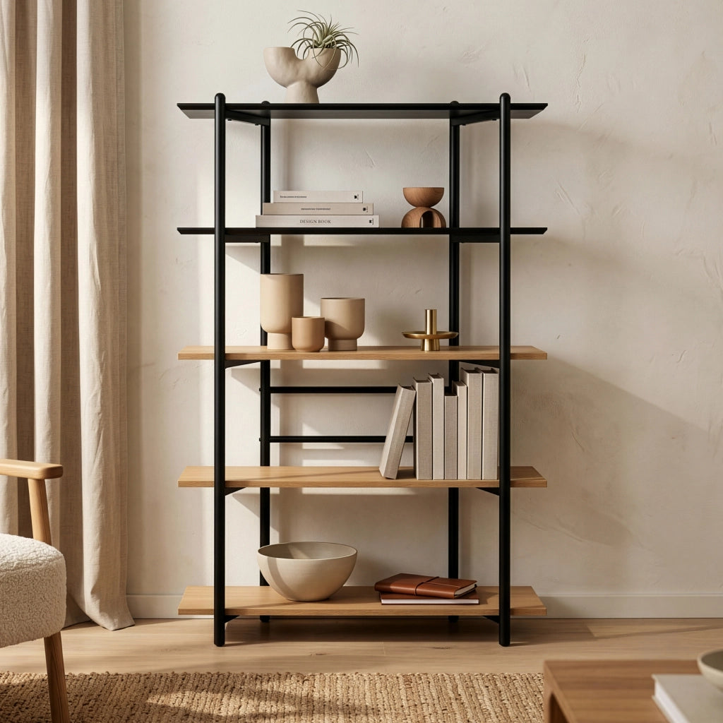 Libreria Kappespoo Scaffale da Terra a 5 Ripiani 124 x 80 x 35 cm - Nero/Effetto Rovere [en.casa]