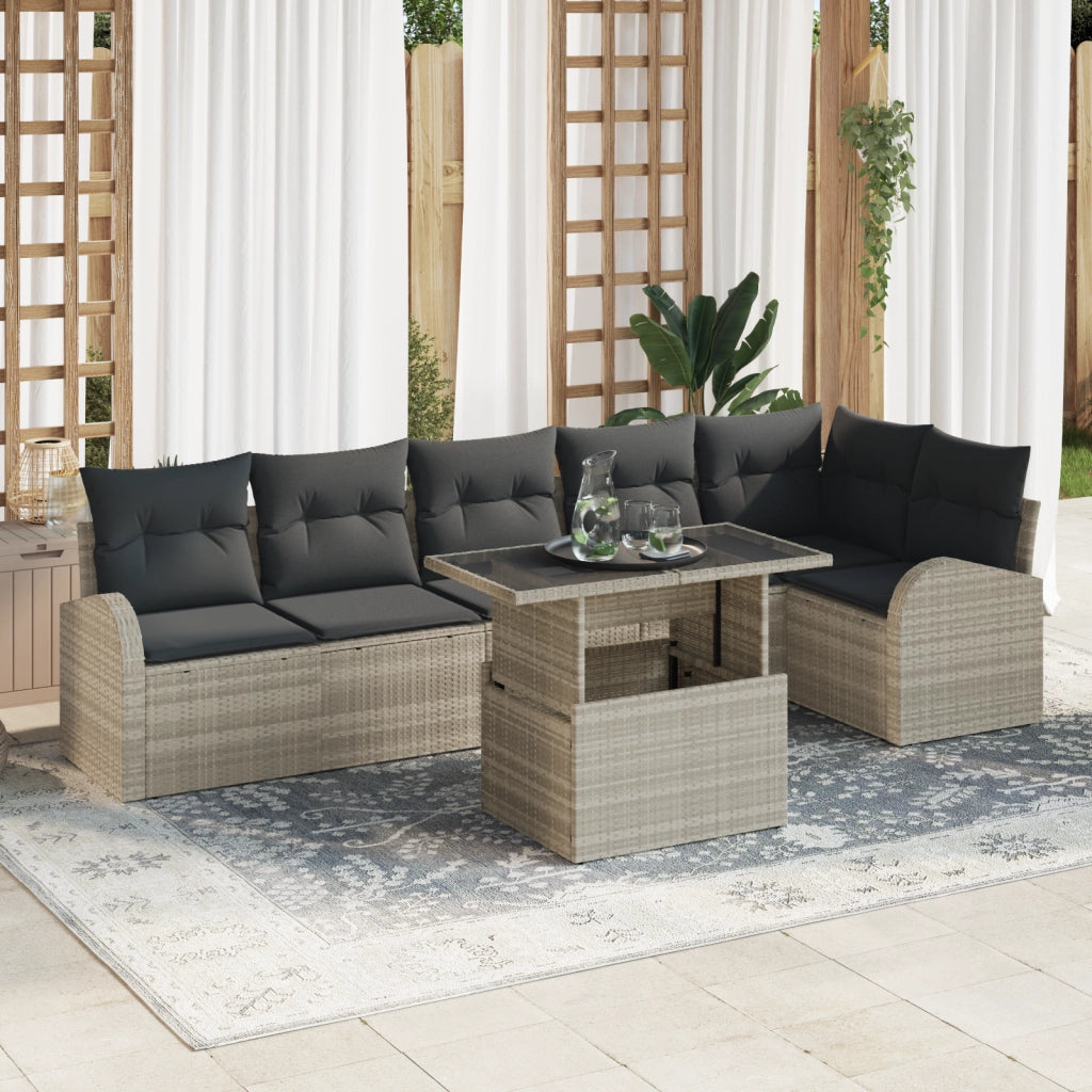 Set di divano da giardino a 7 pezzi con cuscini grigio chiaro in polirattan