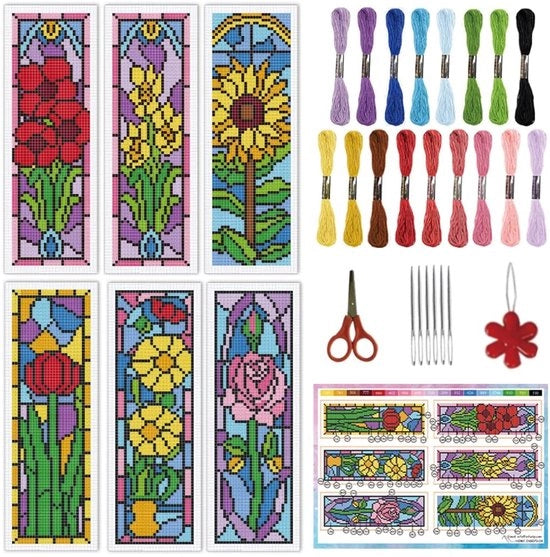 Set di 6 aghi, fiori, punto croce, finestra a fiori retro, punto croce artigianale, lavoro di ricamo per hobby, cartellino per lettori con istruzioni per appassionati di libri e principianti