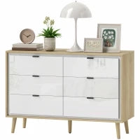 Cassettiera con 6 Cassetti in Legno per Camera da Letto, 110x40x75 cm, Bianco Lucido e Rovere