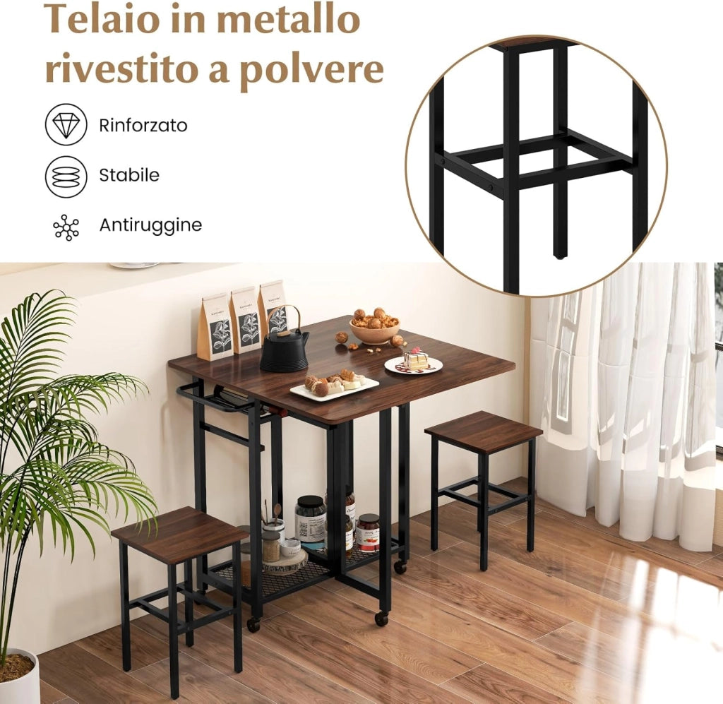 Tavolo da Pranzo Pieghevole Estensibile 3 Pezzi con 2 Sgabelli, Set Tavolo da Cucina con Ruote e Portabottiglie da 6 Posti, Ripiani e Maniglia Laterale (Marrone)