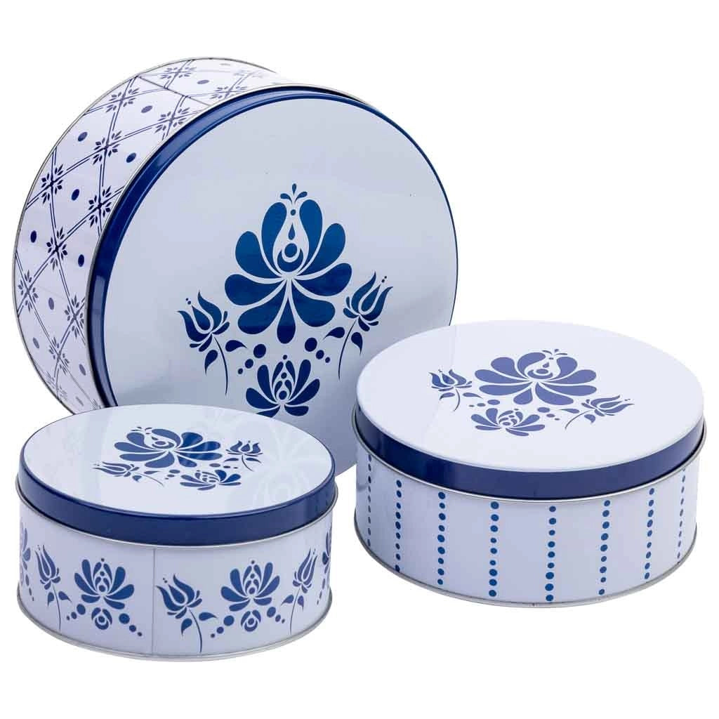 Set 3 contenitori in metallo blu e bianco D20x9h-D18,5x7,5h-D14x6,5h cm