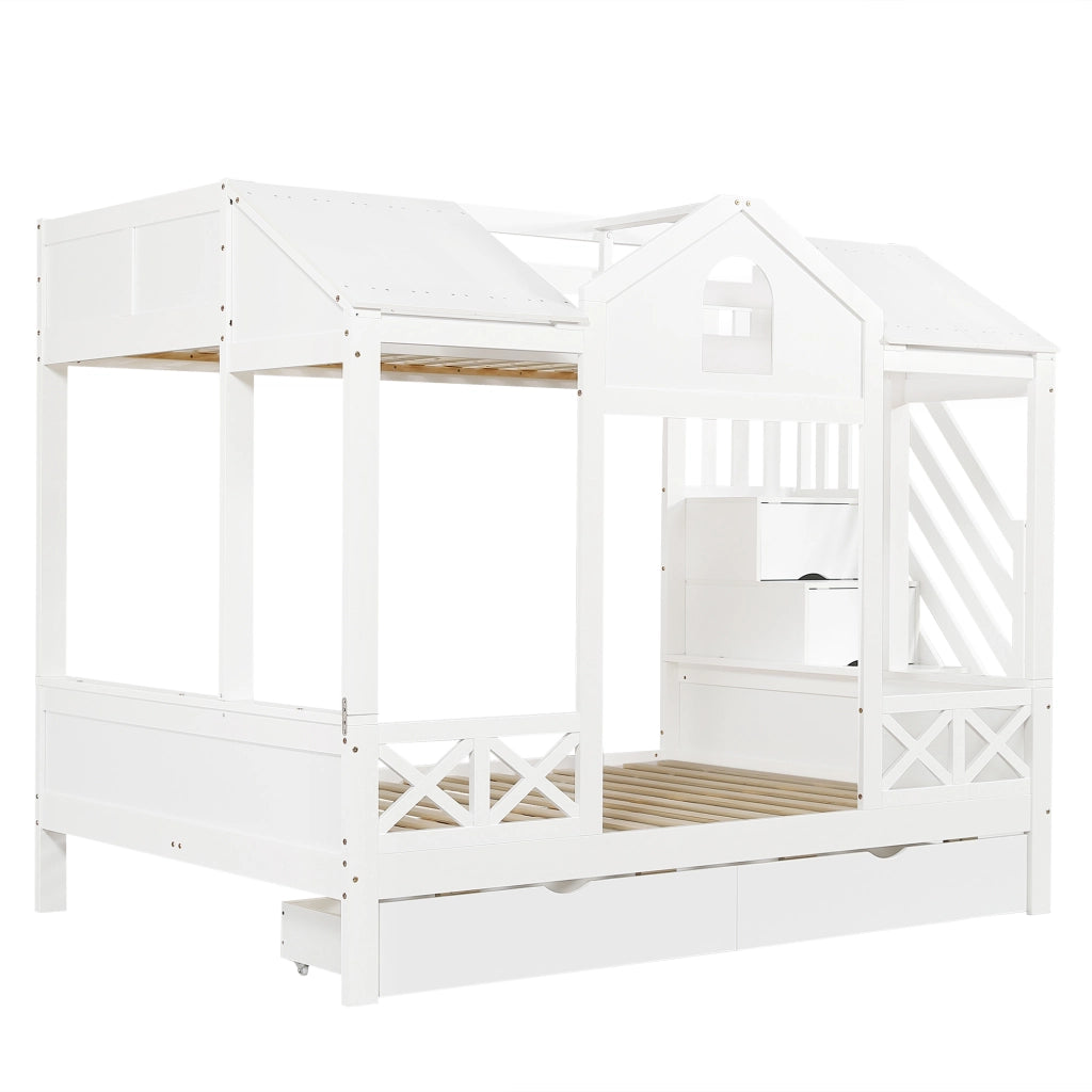 Letto a castello per bambini con 2 cassetti su ruote, scala con 4 vani, finestre e tetto, bianco, 90x200 cm e 140x200 cm