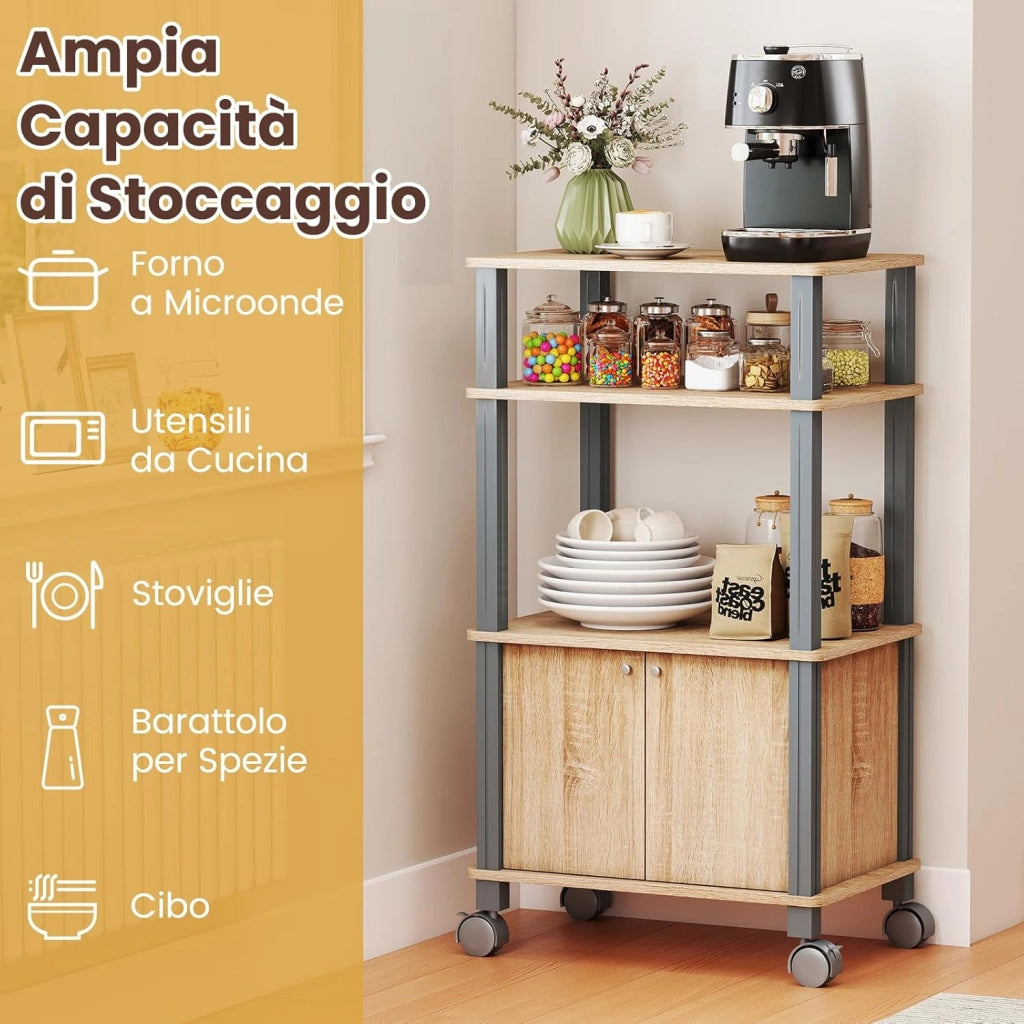 Scaffale da Cucina per Microonde Carrello da Cucina, con Ruote e 2 Ante, Multifunzionale e Movimento Flessibile, 60x40x98 cm (Naturale)