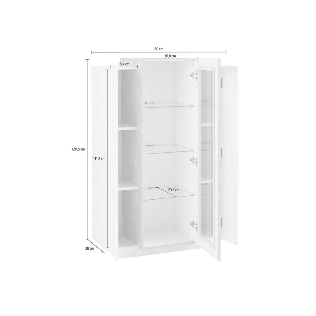 Vetrina moderna con anta a Ablaze, Made in Italy, Mobile vetrinetta da soggiorno, cm 80x38h121, Bianco lucido e Cemento