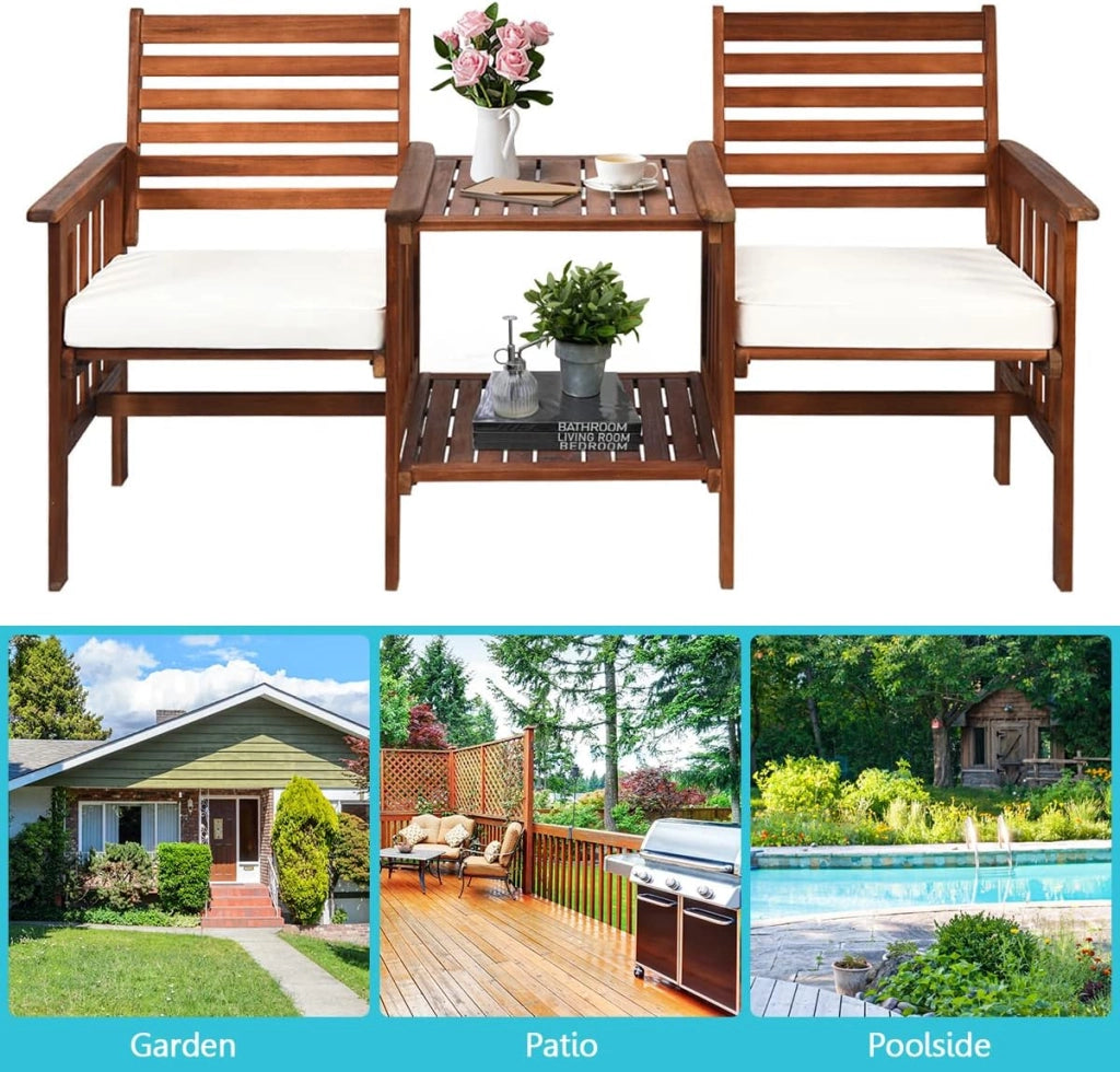 Panca da giardino in legno di acacia con foro per l'ombrellone, 165 x 65 x 88 cm, per giardino, balcone e terrazza (bianco)