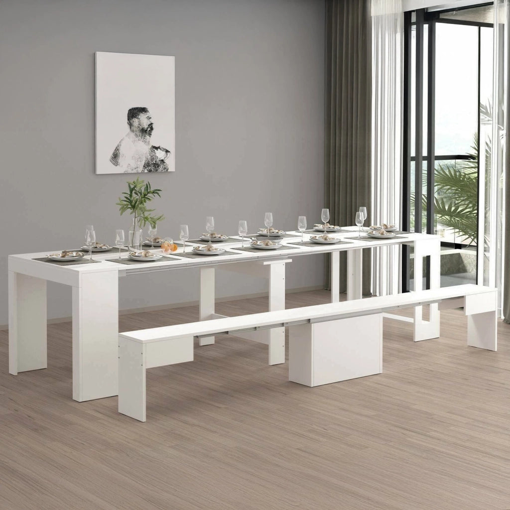 Badesi, set Tavolo e Sedie 12 Posti Made in Italy, Bianco Lucido