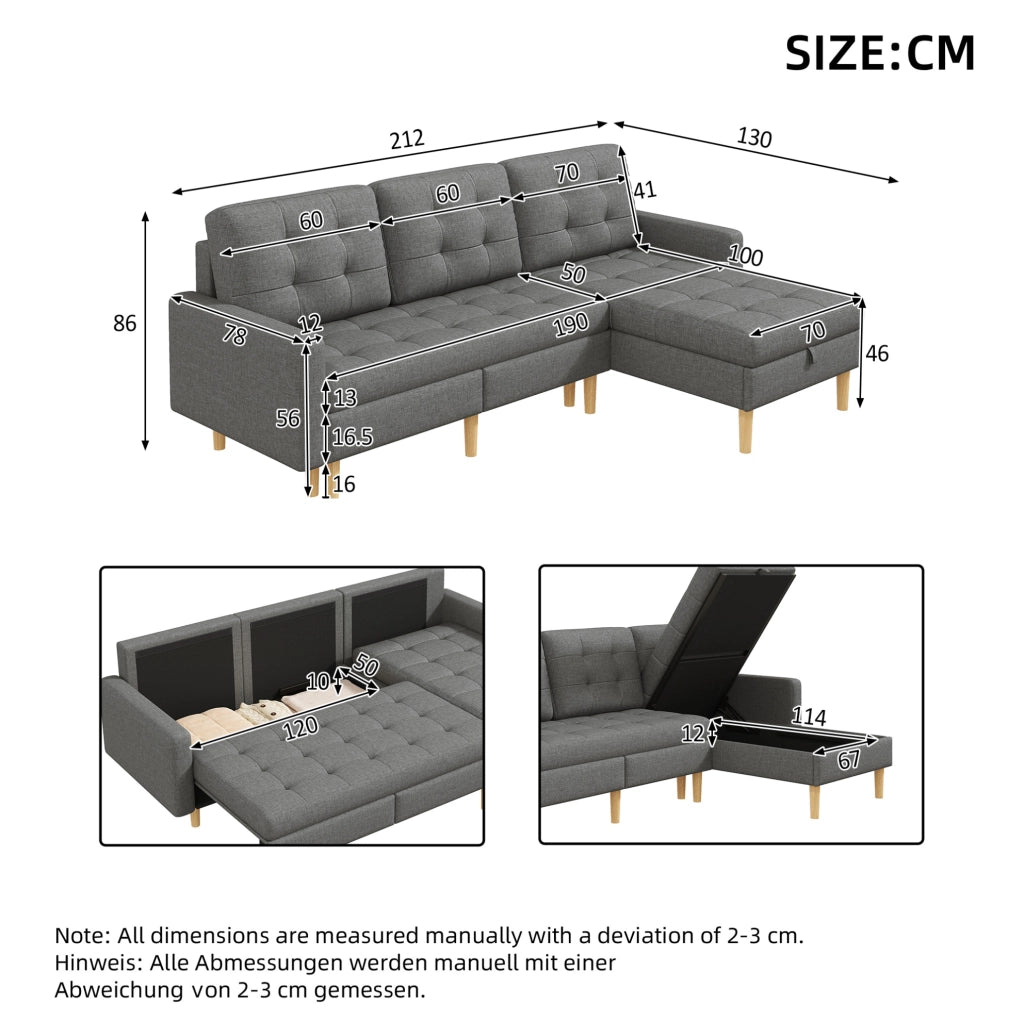 Divano angolare a L con contenitore e chaise longue reversibile, grigio