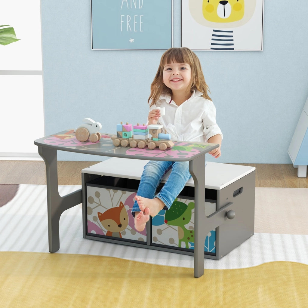 Panchina attivit¨¤ convertibile per bambini, Set tavolo e sedie per bambini con 2 cassetti in tessuto rimovibili Grigio-Tavoli e sedie