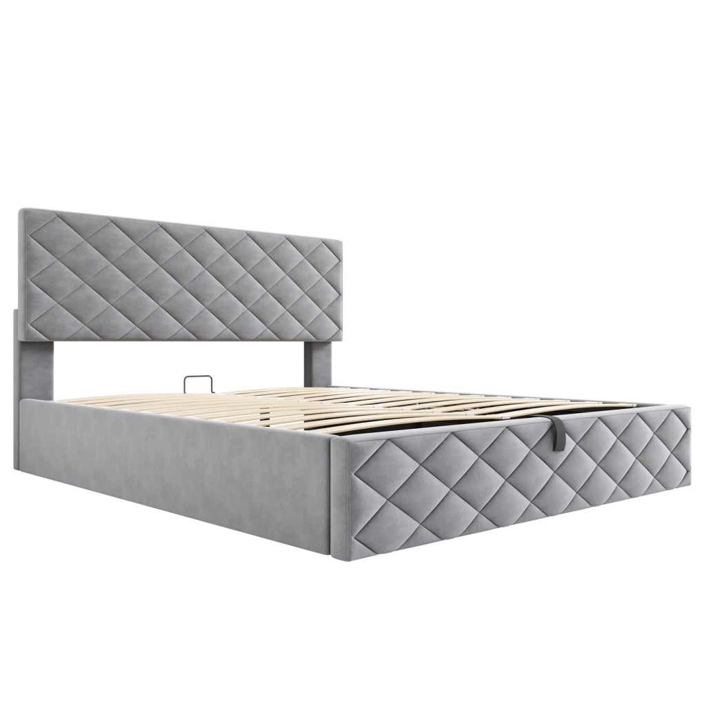 Letto 140x200 cm con alzata idraulica; rete a doghe e contenitore in velluto grigio