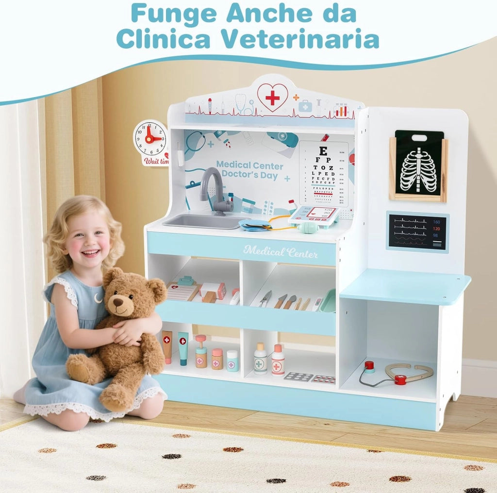 Set da Gioco Dottore in Legno, Centro Medico per Bambini con Orologio, Lavandino, Tabella Oculistica, Monitor ECG, Area Esame e 24 Accessori Giocattolo, 97 × 30,5 × 88 cm (Blu)