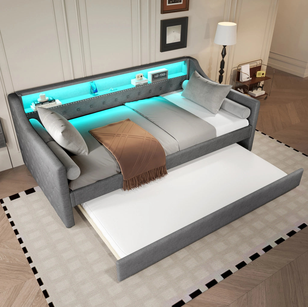 Letto a scomparsa con luci LED, USB e rete a doghe, grigio, 90 x 200 cm