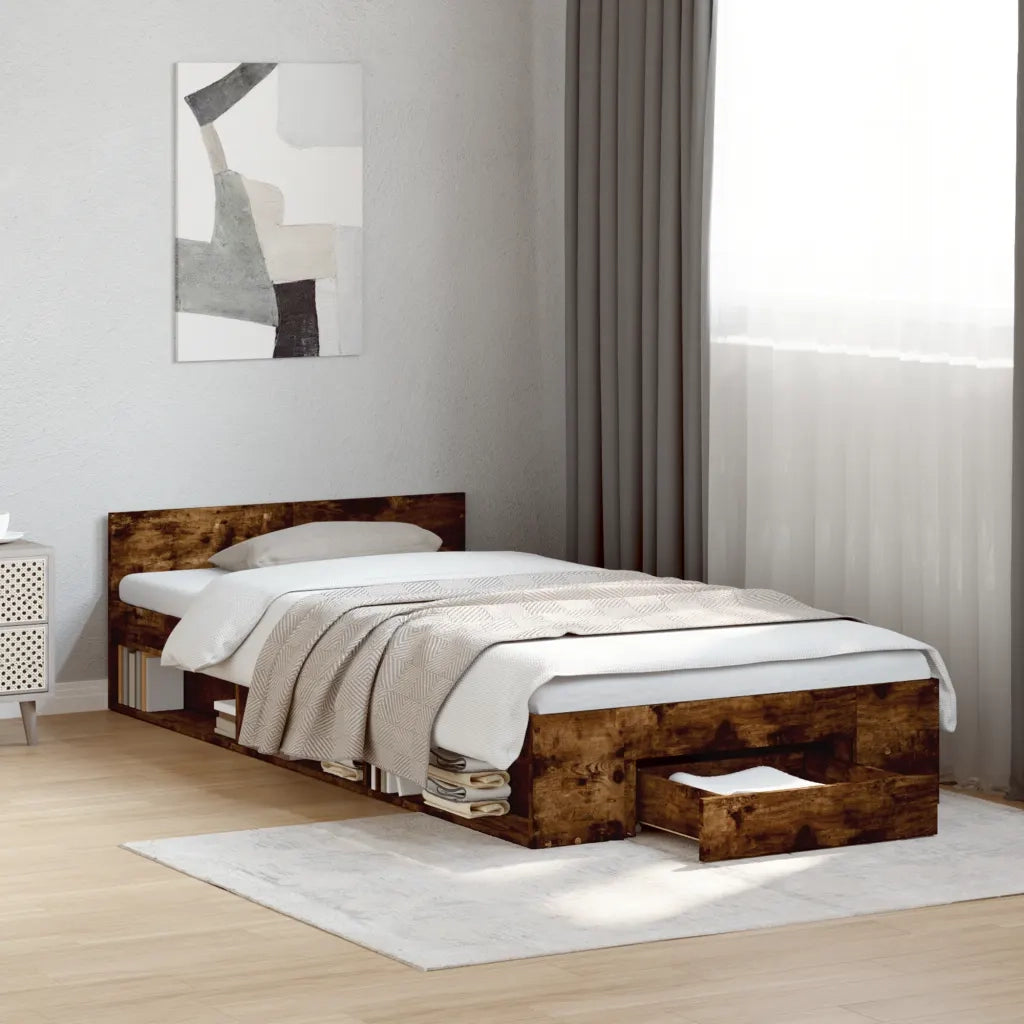 Letto singolo | Letto per adulti | Giroletto con Cassetto Rovere Fumo 90x190 cm Legno Multistrato