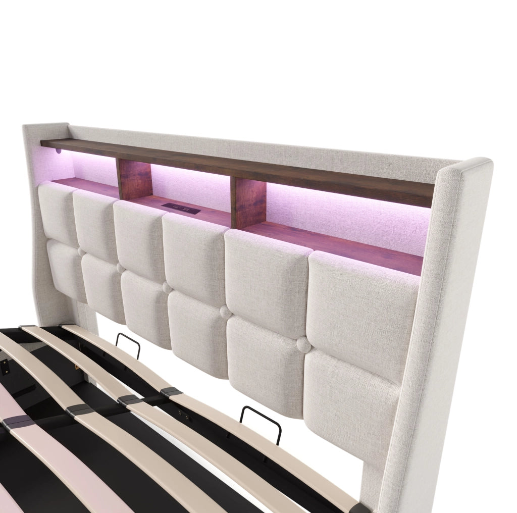 Letto matrimoniale imbottito 160x200 cm con LED e USB; beige chiaro in tessuto effetto lino