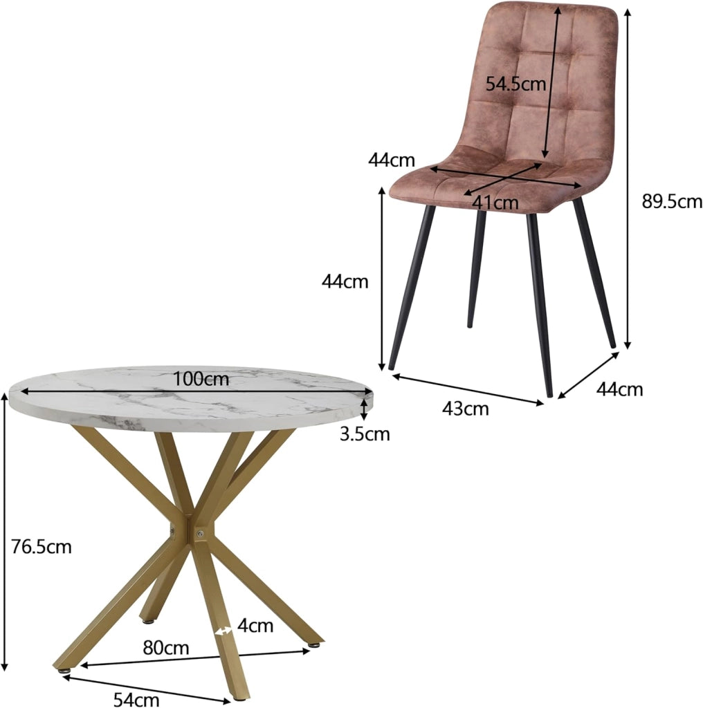 GrandCA HOME Set Tavolo e Sedie da Pranzo, 4 Sedie da Pranzo in Pelle Tecnica Marrone Chiaro e un Tavolo da Pranzo Rotondo Moderno da 100 cm, adatti per Cucina e Soggiorno (Marmo Bianco 1)