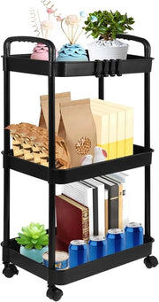 Carrello da Cucina su Rulli - Servizio - Con Ganci - Carrello di Stoccaggio - Cucina, Bagno e Ufficio Trolley - Mobilità e Fissa - 3 Livelli - Nero