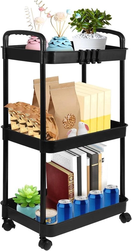 Carrello da Cucina su Rulli - Servizio - Con Ganci - Carrello di Stoccaggio - Cucina, Bagno e Ufficio Trolley - Mobilità e Fissa - 3 Livelli - Nero