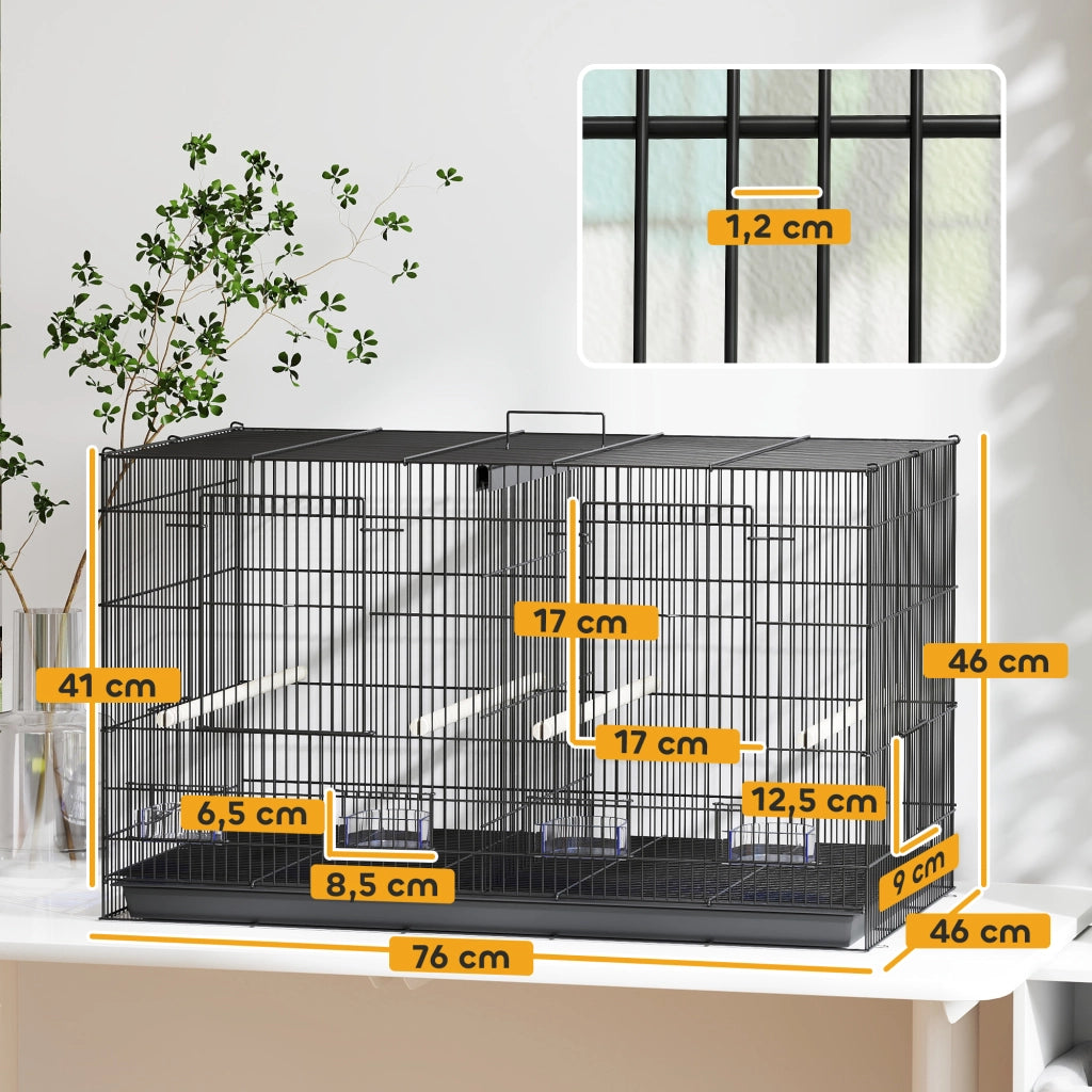 Gabbia per Uccelli con Divisorio 4 Mangiatoie 4 Posatoi ¨C zephmum ¨C Nero 76x46x46 cm