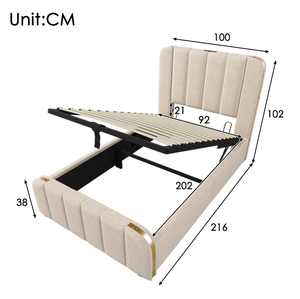 Letto singolo 90x200 beige con contenitore, USB e materasso