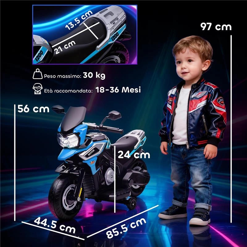 MOTO ELETTRICA PER BAMBINI CON ROTELLE, SPECCHIETTI E POGGIAPIEDI, IN PP E METALLO, 85.5X44.5X56 CM, BLU
