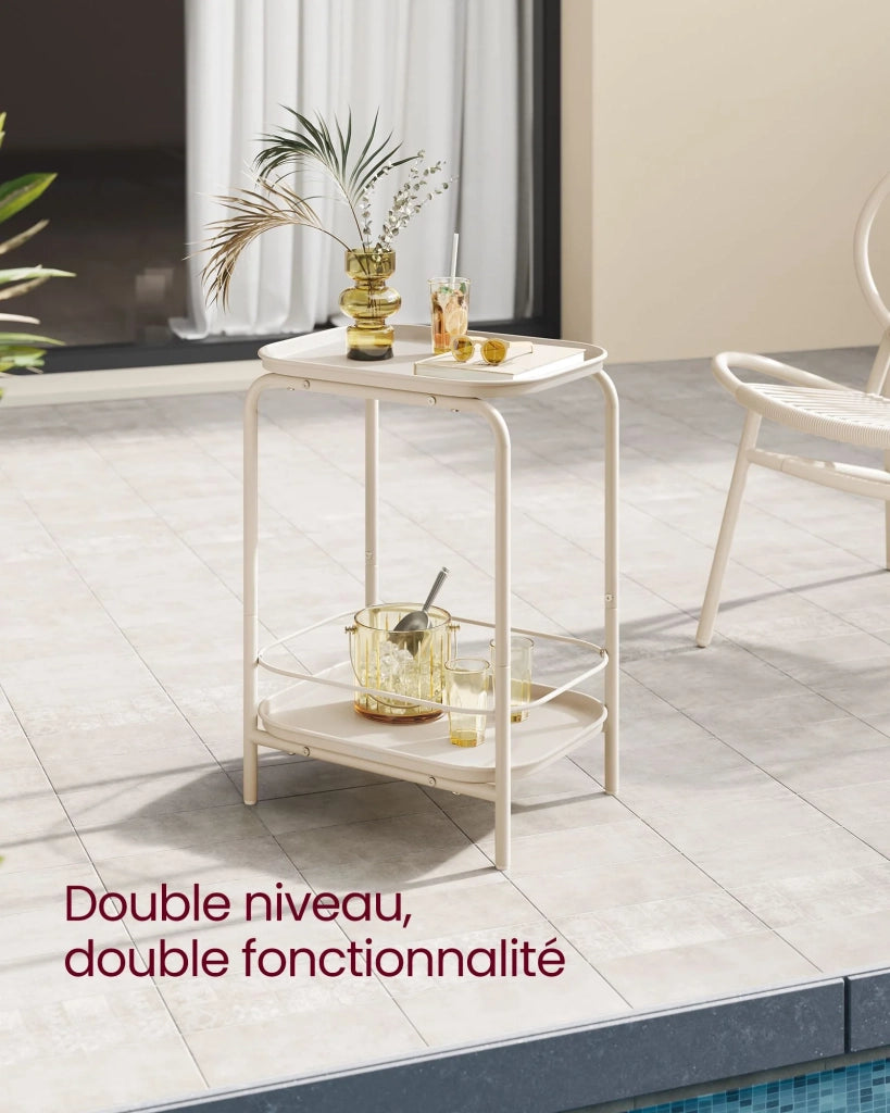 Tavolino laterale a due livelli tavolino da caffè in metallo comodino con piano stile moderno per uso interno ed esterno soggiorno camera da letto balcone bianco 12_0007549