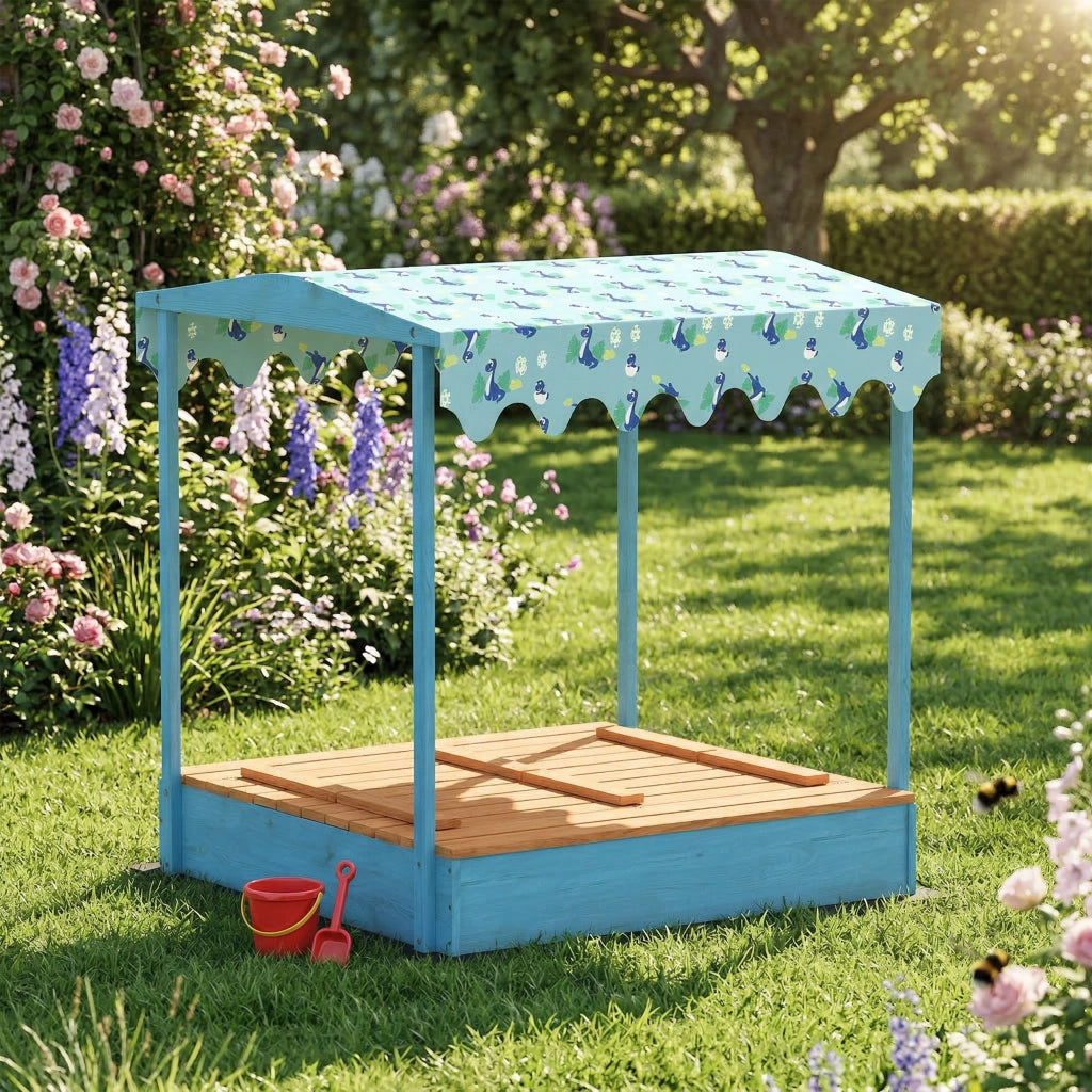Sabbiera per Bambini 3-6 Anni 134,5x127,5x130 cm con Tettuccio Dinosauri Sedute Pieghevoli Coperchio e Fodera in Legno