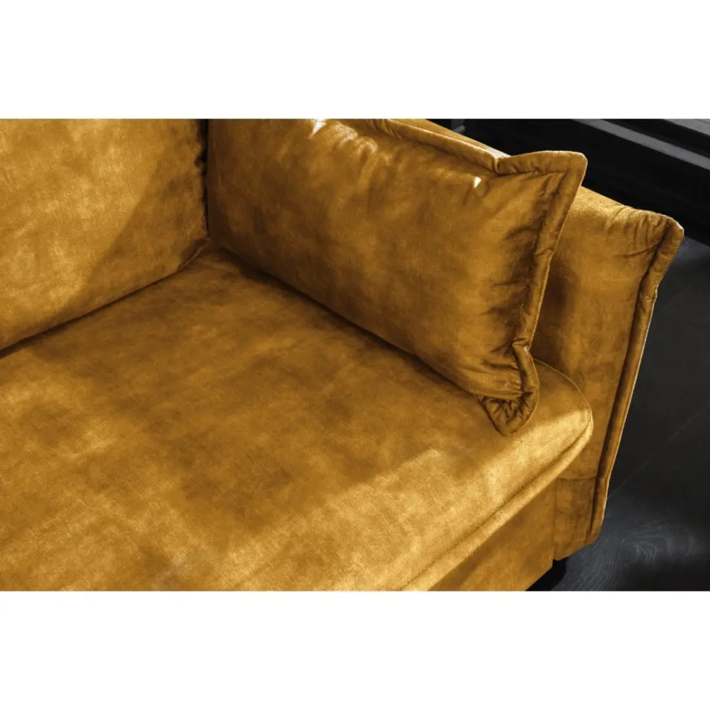 Divano dritto CALDERO giallo senape trasformabile con vano contenitore – Divano letto in velluto morbido con spazio di stoccaggio integrato