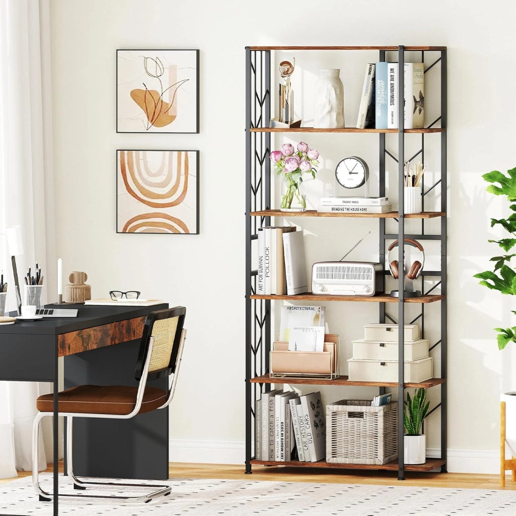Libreria a 6 Ripiani, Libreria Geometrica Moderna con Telaio in Metallo, Scaffale da Terra con 2 Kit Antiribaltamento per Soggiorno Camera da Letto Studio, 80x31x180 cm (Marrone)