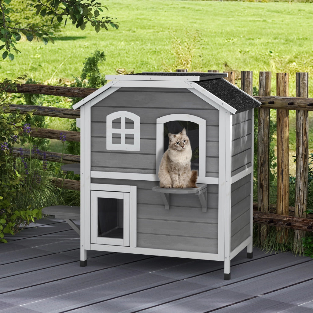 Casetta per Gatti in Legno 2 Piani ¨C zephmum ¨C Grigio 99.5x76x91 cm