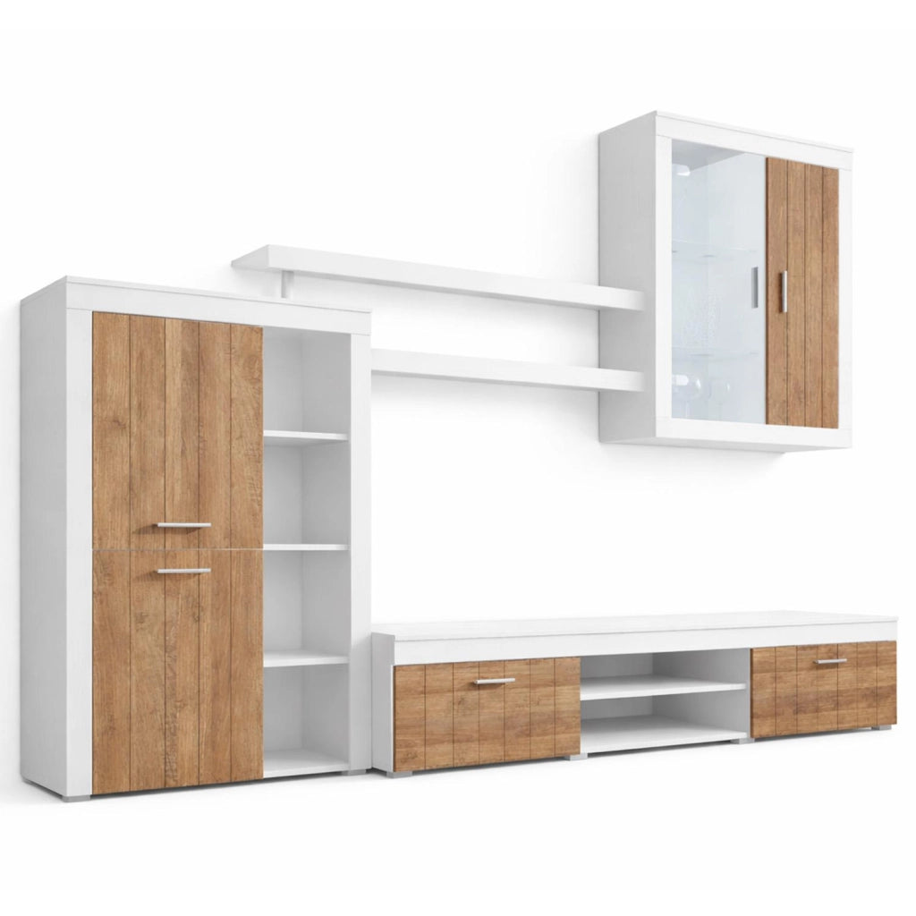 Parete Attrezzata Moderna Con Mobile TV Ante Vetrinetta Mensole E Vani A Giorno Moduli Sospesi Per Soggiorno Salotto 293 X 193 X 50 Cm Bianco E Noce
