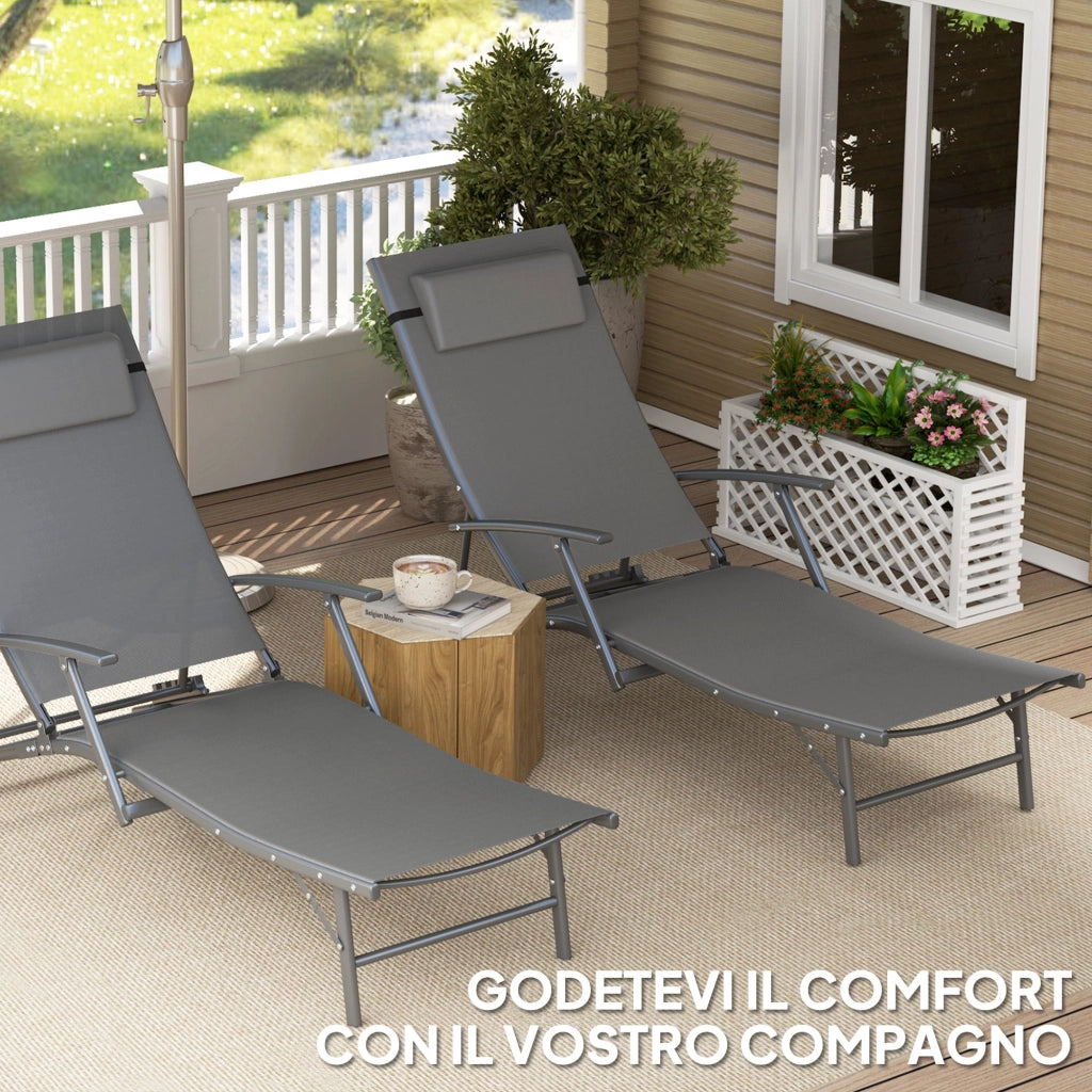 Set 2 Sdraio da Giardino Pieghevoli 64x154x87A cm con Schienale Regolabile e Cuscino Grigio