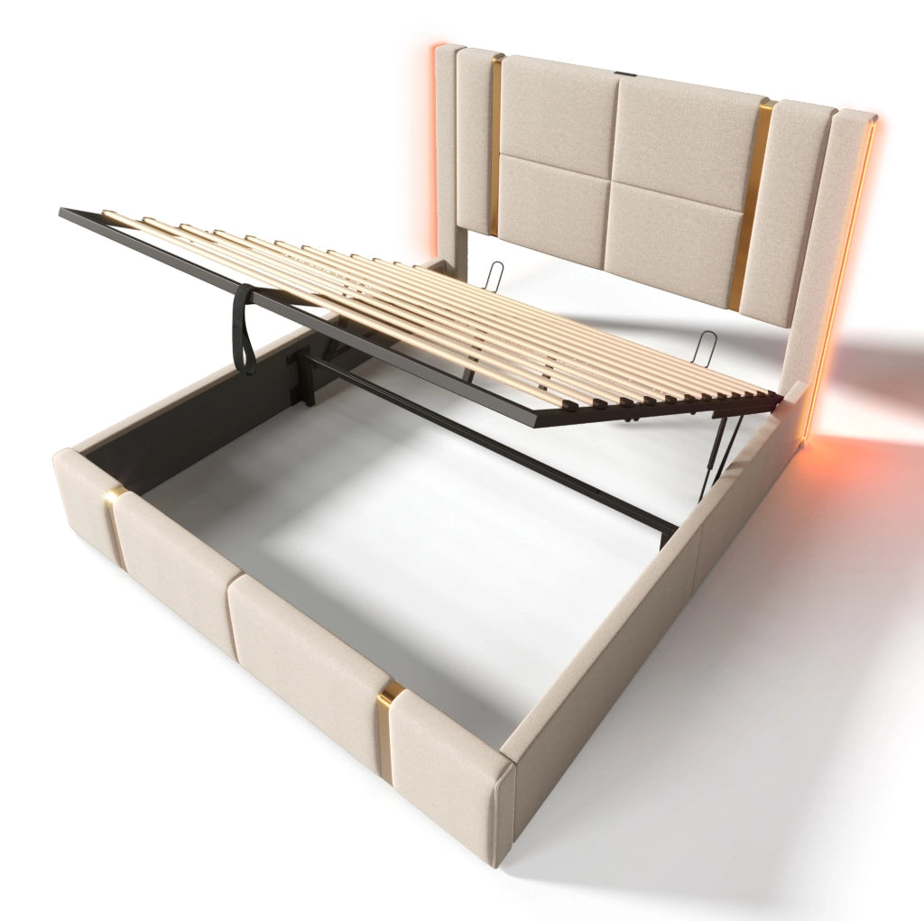 Letto matrimoniale imbottito 160x200 cm beige in lino con LED RGB; USB e USB-C; contenitore