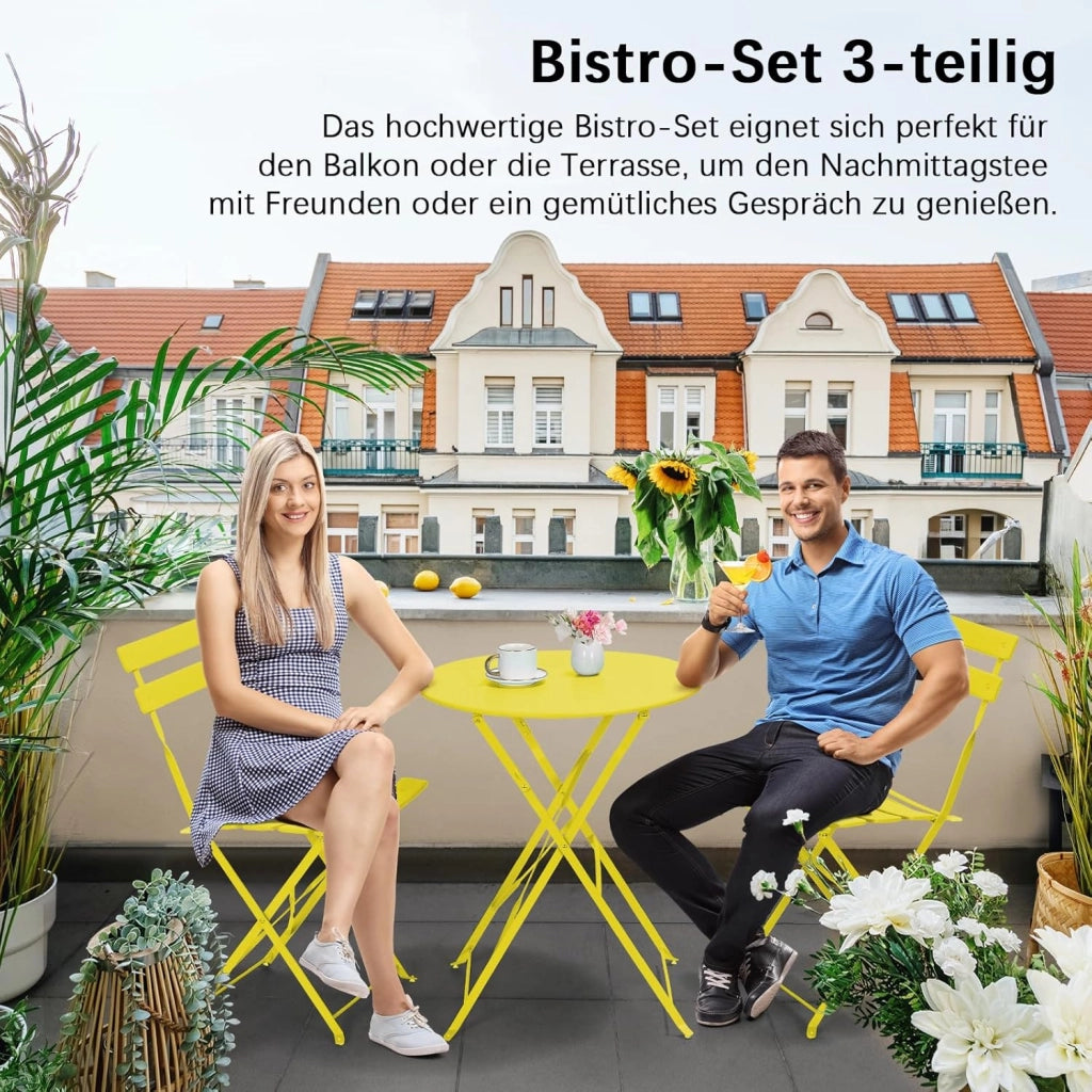 Set da Bistrot Pieghevole 3 Pezzi, Tavolo da Giardino Bistrot in Metallo, 1 Tavolo e 2 Sedie per Piccoli Balconi, Resistente alle Intemperie, per Balcone, Giardino e Terrazzo, Giallo