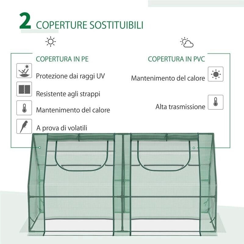 SERRA PER PIANTE ORTO CON 2 COPERTURE IN PE E PVC, STRUTTURA IN ACCIAIO - VERDE 180X90X90CM