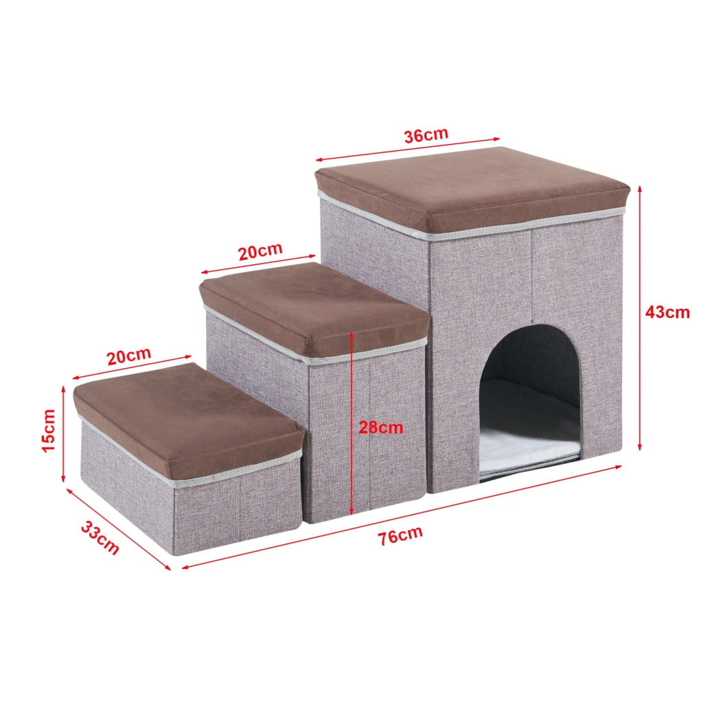 Scaletta per cani a 3 gradini 76 x 33 x 43 cm con cuccia marrone scuro/grigia 03_0009457
