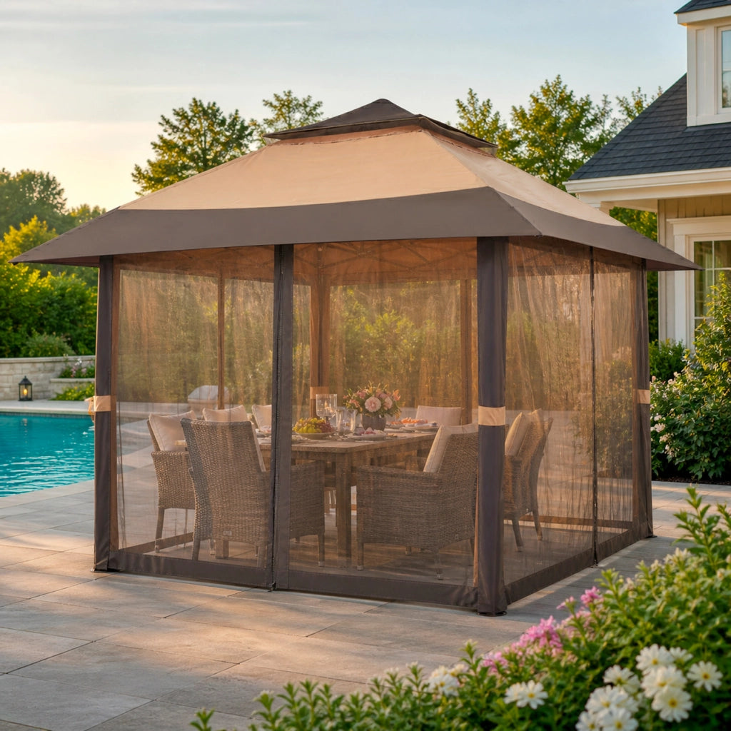 Gazebo Pop Up Da Giardino 4 X 4 Metri Con Tetto Allargato E Zanzariere Altezza Regolabile Da 2.7 X 2.9 M Apertura Rapida E Borsa Di Trasporto Inclusa Per Feste Piscina Campeggio Eventi Kaki